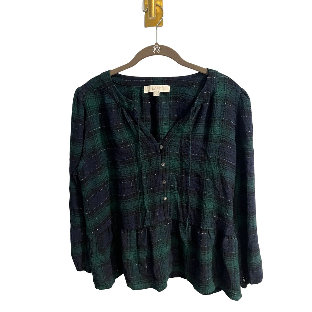 LOFT Plaid Metallic Shimmer Tartan Preppy Peplum Hem Green Navy Top‎ Medium